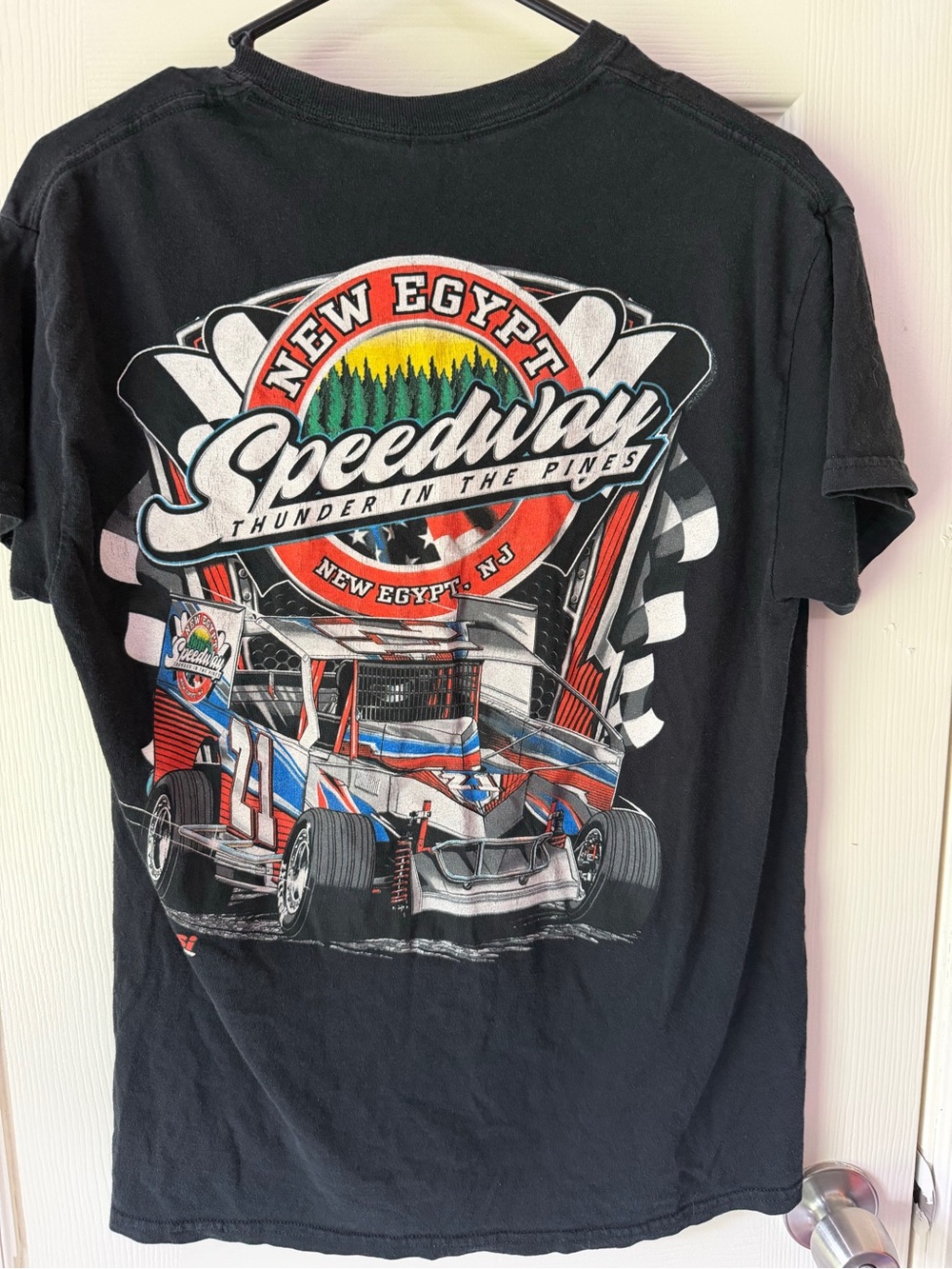 Gildan Black New Egypt Speedway Graphic Tee with Red, White & Blue Accents